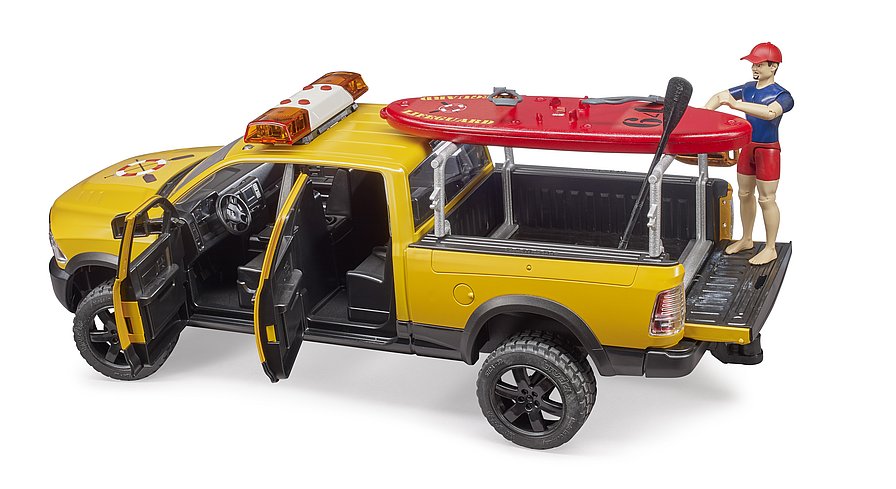 BRUDER 2506 Terénní auto RAM 2500 Power Wagon Pobřežní hlídka s plavčíkem, SUP a světelným a zvukovým modulem