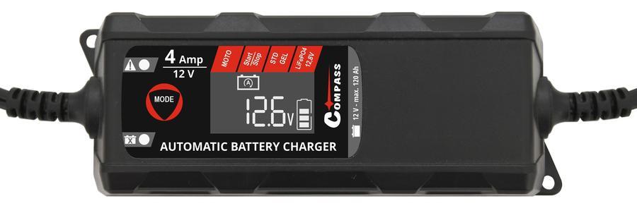 Nabíječka mikroprocesor 4Amp 12V PB/GEL/AGM/LiFePO4 LCD displej START/STOP Compass 07160