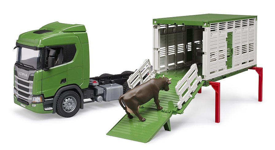 BRUDER 3548 Scania Super 560R – přepravník zvířat s figurkou krávy