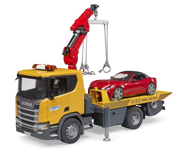 BRUDER 3552 Scania Super 560R – odtahový vůz s Roadsterem a světelným a zvukovým modulem
