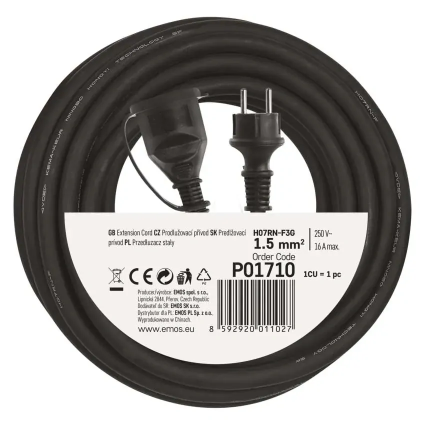 EMOS prodlužovací kabel 10 m venkovní 1 zásuvka černý guma-neopren 230 V/1,5 mm2 1901211000