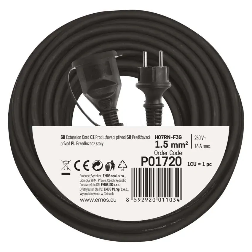 EMOS prodlužovací kabel 20m venkovní 1 zásuvka černý guma-neopren 230 V/1,5 mm2 P01720