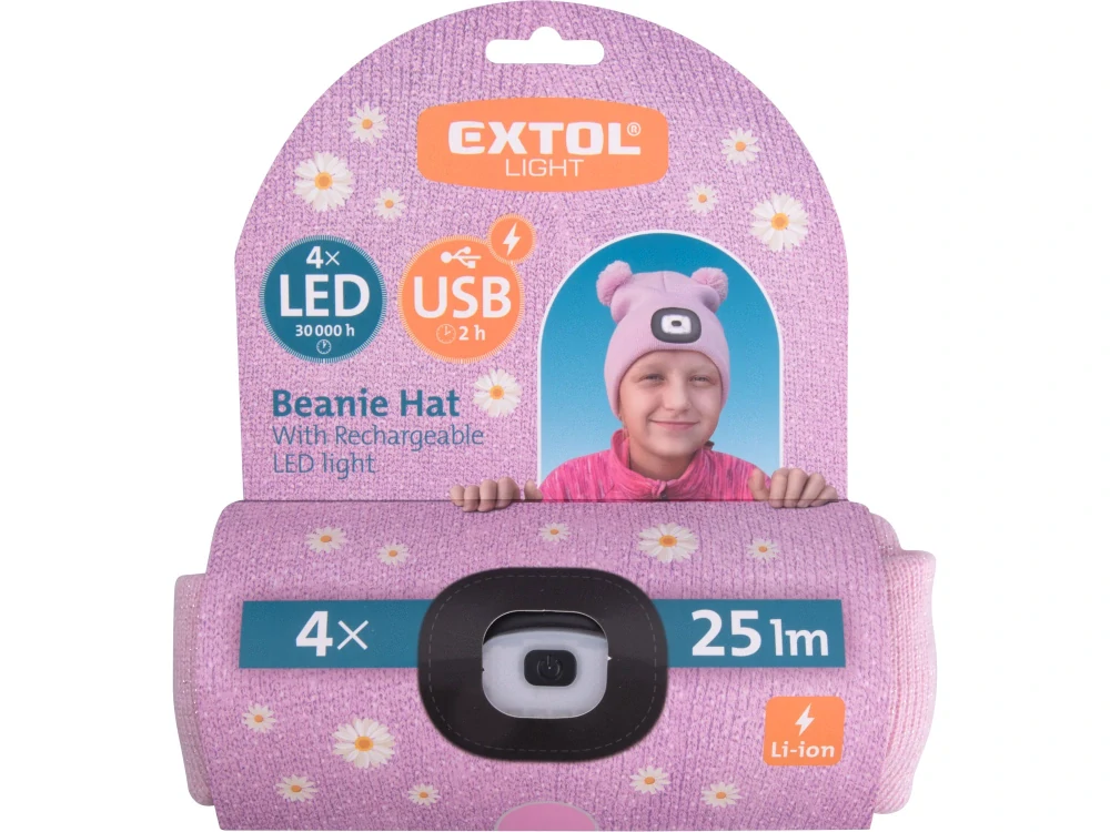 Čepice dětská s čelovkou 4x45lm, USB nabíjení, růžová se třpytkou a bambulemi EXTOL LIGHT 43458