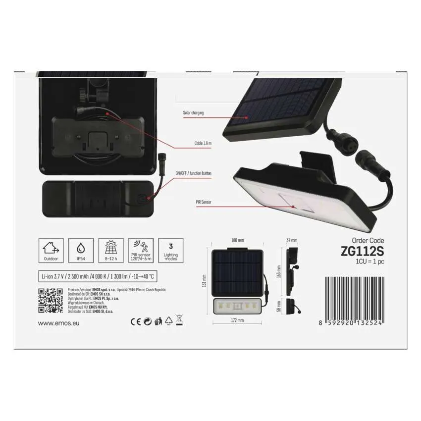 Solární LED reflektor SUNNO s pohybovým čidlem 1300LM IP54 NW, černý, neutrální bílá EMOS 1552112000