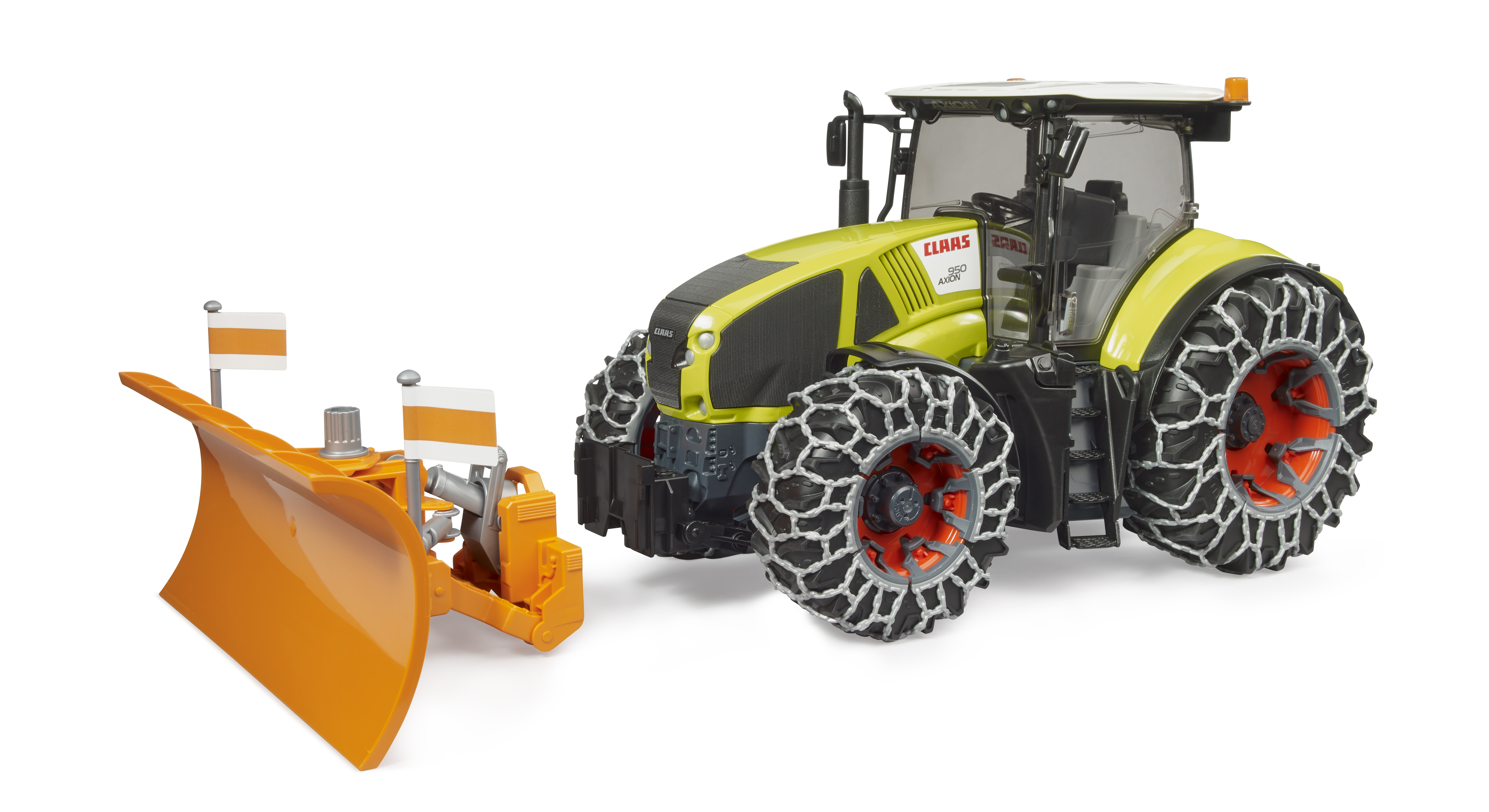 BRUDER 3018 Class Axion 950 se sněhovými řetězy a radlicí BR 3018