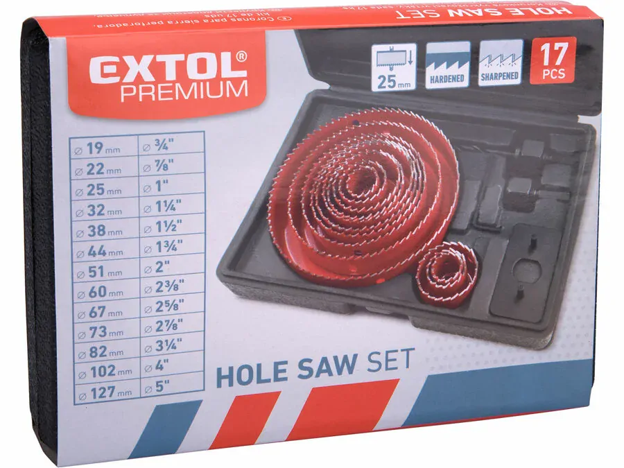Vrtáky vykružovací korunkové, 13průměrů O 19-127mm EXTOL PREMIUM 8801605