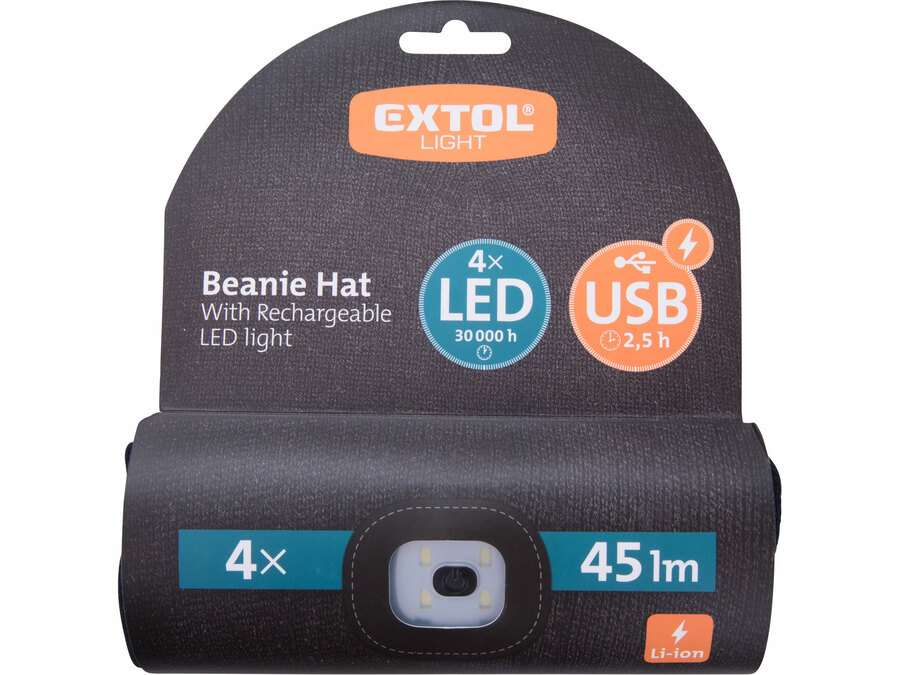 Čepice s čelovkou 4x45lm, USB nabíjení, černá, univerzální velikost EXTOL LIGHT 43199