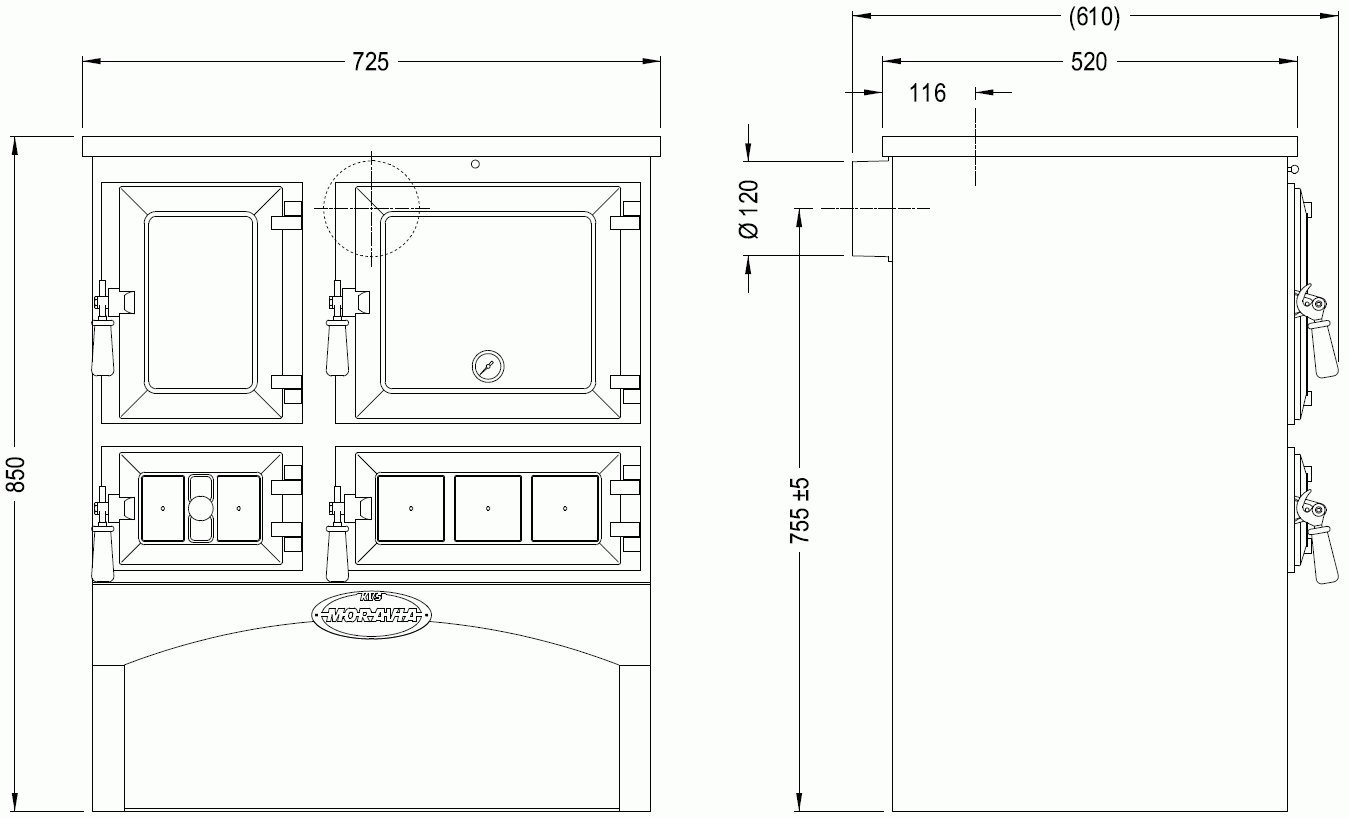 KVS Moravia VSP 9170.00 OLIVER antracit, dřevěné doplňky, ocelový rám plotny s varnými plotnami, vývod kouřovou uprostřed