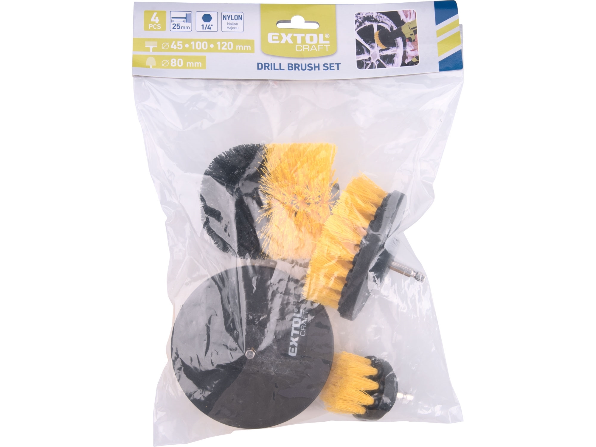 Kartáče čistící sada na vrtačku 4 ks stopka 1/4"x25mm EXTOL CRAFT 904000