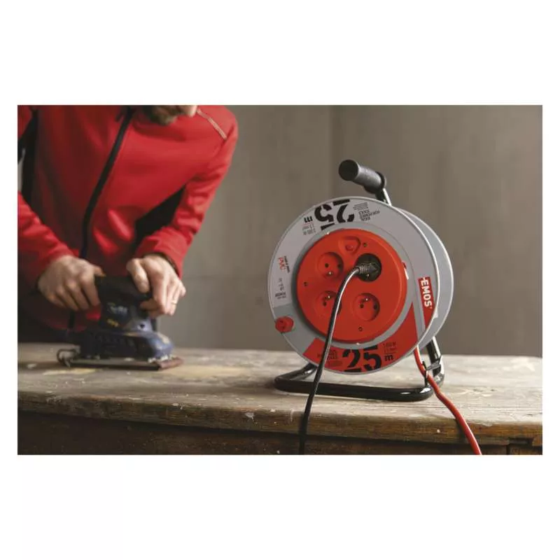Kabel na bubnu prodlužovací 25 m, 4 zásuvky, červený PVC 230V EMOS 1908042501