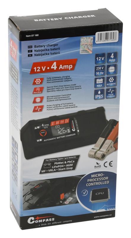 Nabíječka mikroprocesor 4Amp 12V PB/GEL/AGM/LiFePO4 LCD displej START/STOP Compass 07160