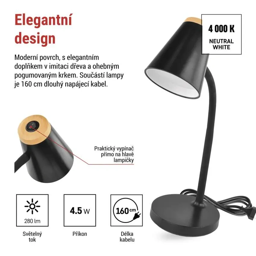 LED stolní lampa EMOS TARA černá 4,5W – neutrální bílá (Z7641B)