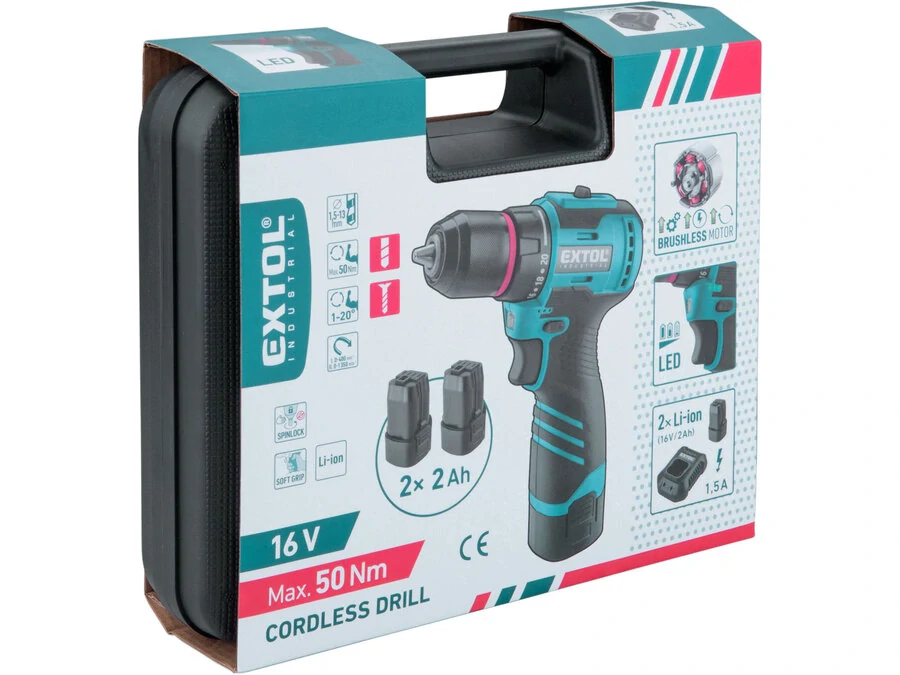 Vrtací šroubovák aku, BRUSHLESS, 16V Li-ion, 2x2Ah EXTOL INDUSTRIAL 8791152