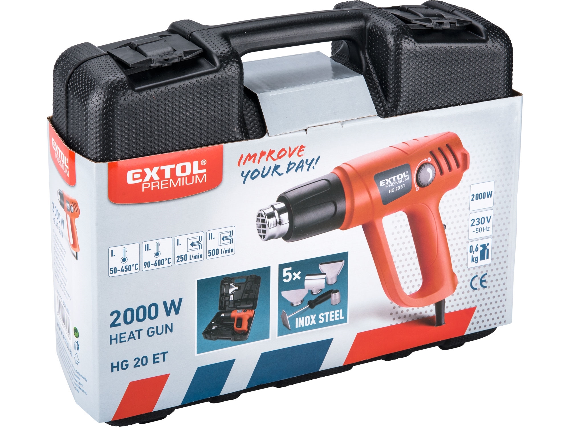 Pistole horkovzdušná s plynulou regulací teploty, 2000W EXTOL PREMIUM 8894801