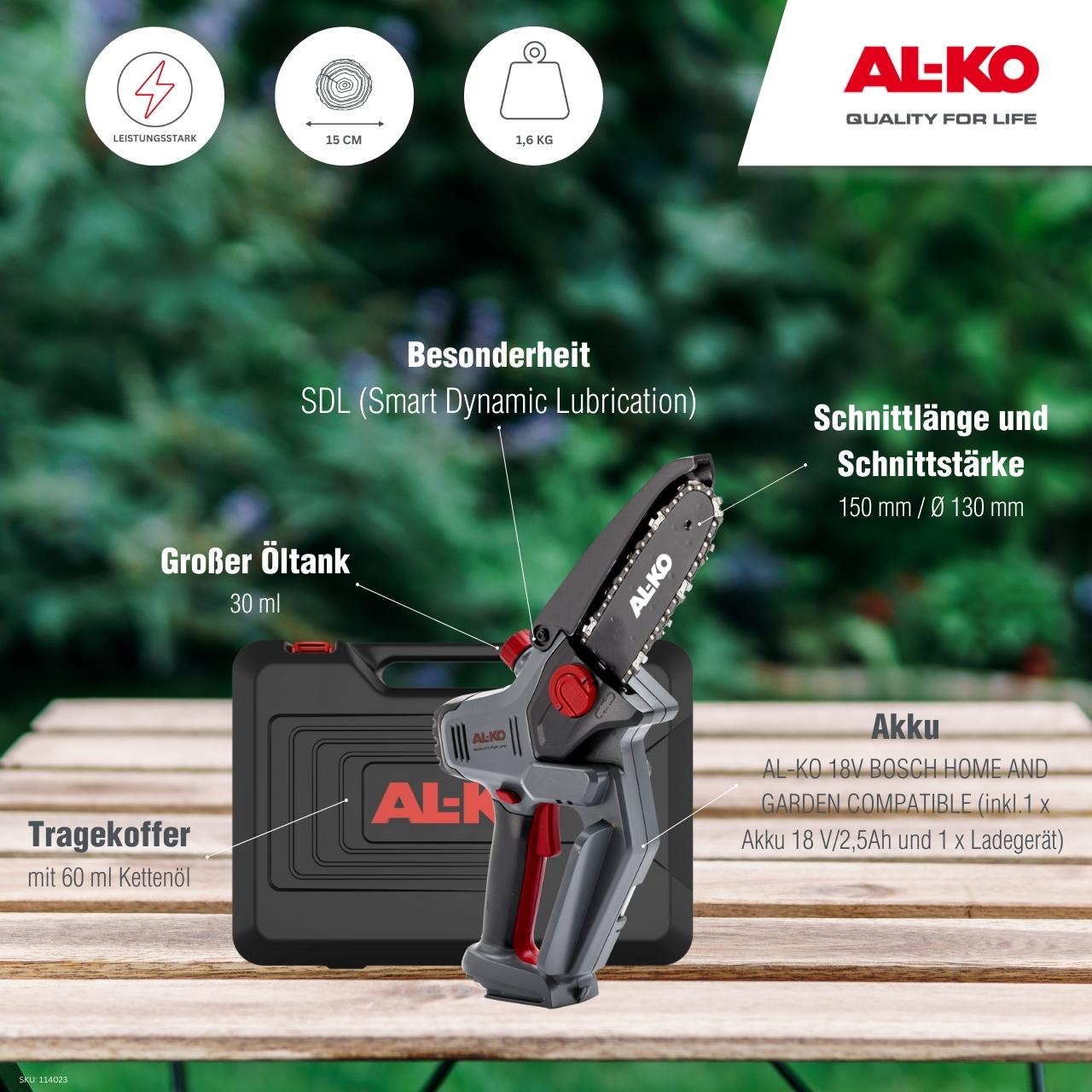 Pila řetězová mini CSM 1815 18V SET + 1x aku a nabíječka AL-KO 114023