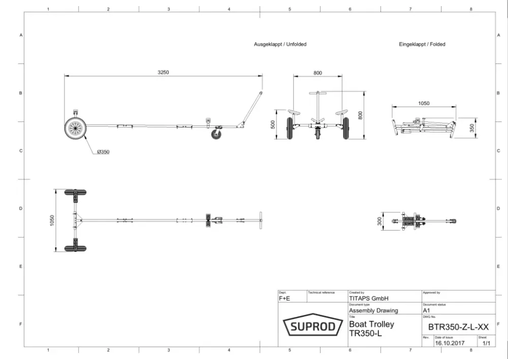 Skládací lodní vozík s předním kolem SUPROD TR350-L-LU, vzduch, O 350 mm, černo/červená