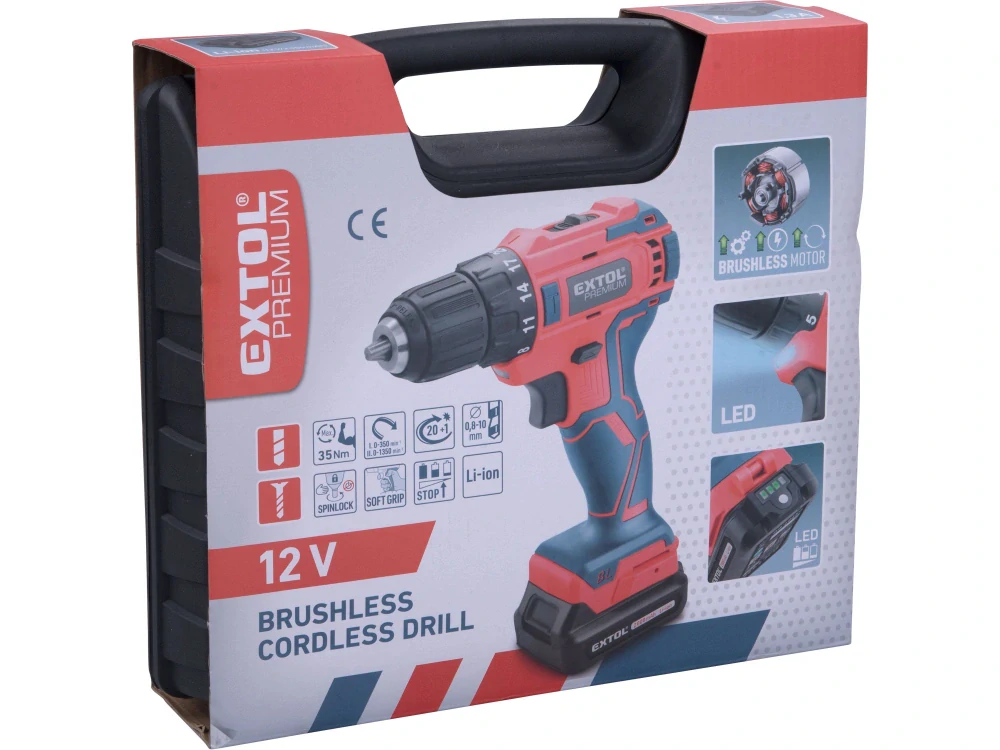 Vrtací šroubovák aku brushless 12V Li-ion 2Ah EXTOL PREMIUM 8891152