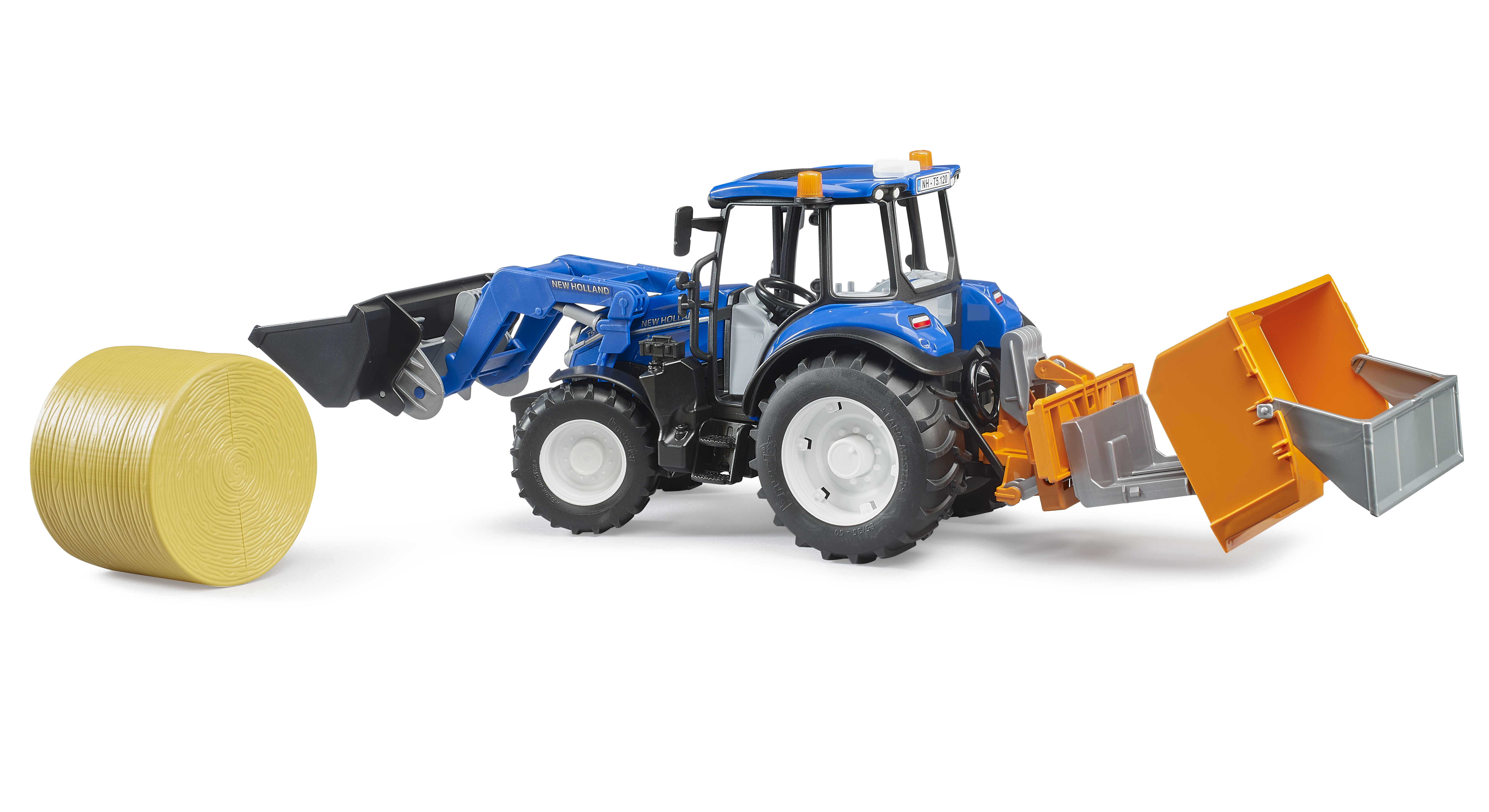 BRUDER 2187 Traktor New Holland T5.120 s čelním nakladačem, korbou, vidlemi a kulatým balíkem