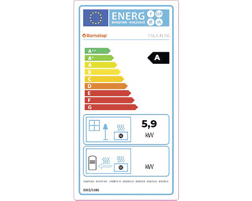 ROMOTOP TALA N 06 plech – designova krbova kamna s rovnym sklem - energetický štítek