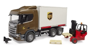 BRUDER 3582 Scania Super 560R UPS – logistický kamion s výměnným kontejnerem a vysokozdvižným vozíkem