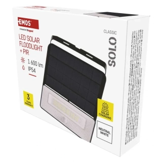 Solární LED reflektor SOLO s pohybovým čidlem 1600LM IP54 NW, černý, neutrální bílá EMOS  ZG122S 1552122000