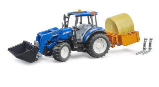 BRUDER 2187 Traktor New Holland T5.120 s čelním nakladačem, korbou, vidlemi a kulatým balíkem