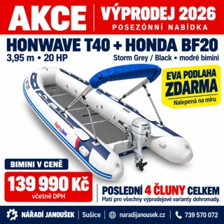 Honda HonWave T40 AE3 LG + motor Honda BF20 D3 SHU – EVA podlaha Storm Grey / Black – modrá stříška bimini 2026