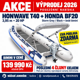 Honda HonWave T40 AE3 LG + motor Honda BF20 D3 SHU – EVA podlaha Storm Grey / Black – šedá stříška bimini 2026