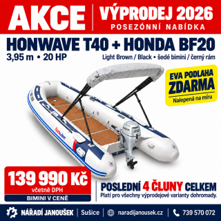 Honda HonWave T40 AE3 LG + motor Honda BF20 D3 SHU – EVA podlaha Storm Grey / Black – šedočerná stříška bimini 2026